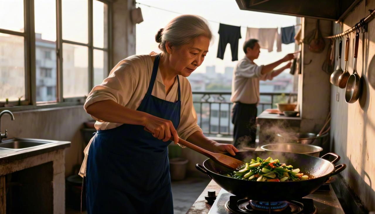 那天周末，我带着孩子回娘家蹭饭。刚进门，就看见我爸弓着腰在阳台晾衣服，我妈在厨房