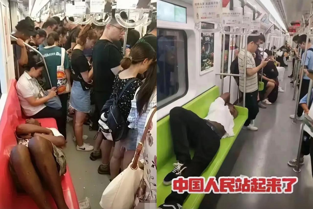 刷到上海地铁二号线那幕时真愣了——黑黝黝的老外直挺挺占着整排座，周围人全背