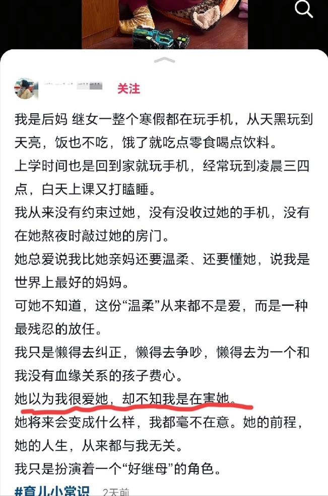 安徽一网友发文称：自己是后妈，整个寒假都在让继女玩手机，从天亮玩到天黑。而她从来