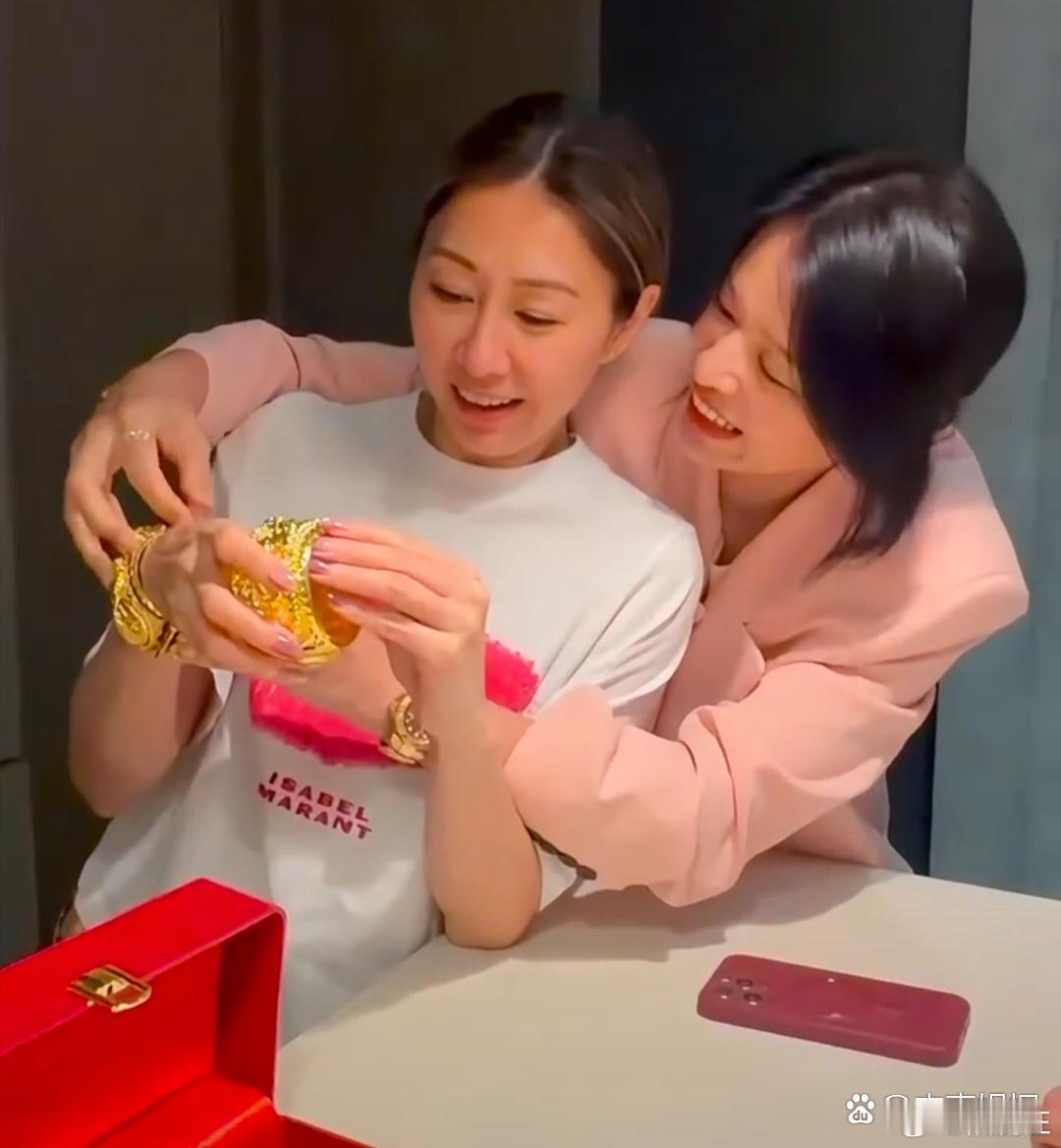 胡杏儿和胡定欣两对夫妇一起聚餐，为了祝贺胡定欣新婚，胡杏儿送给她一对黄金龙凤镯，