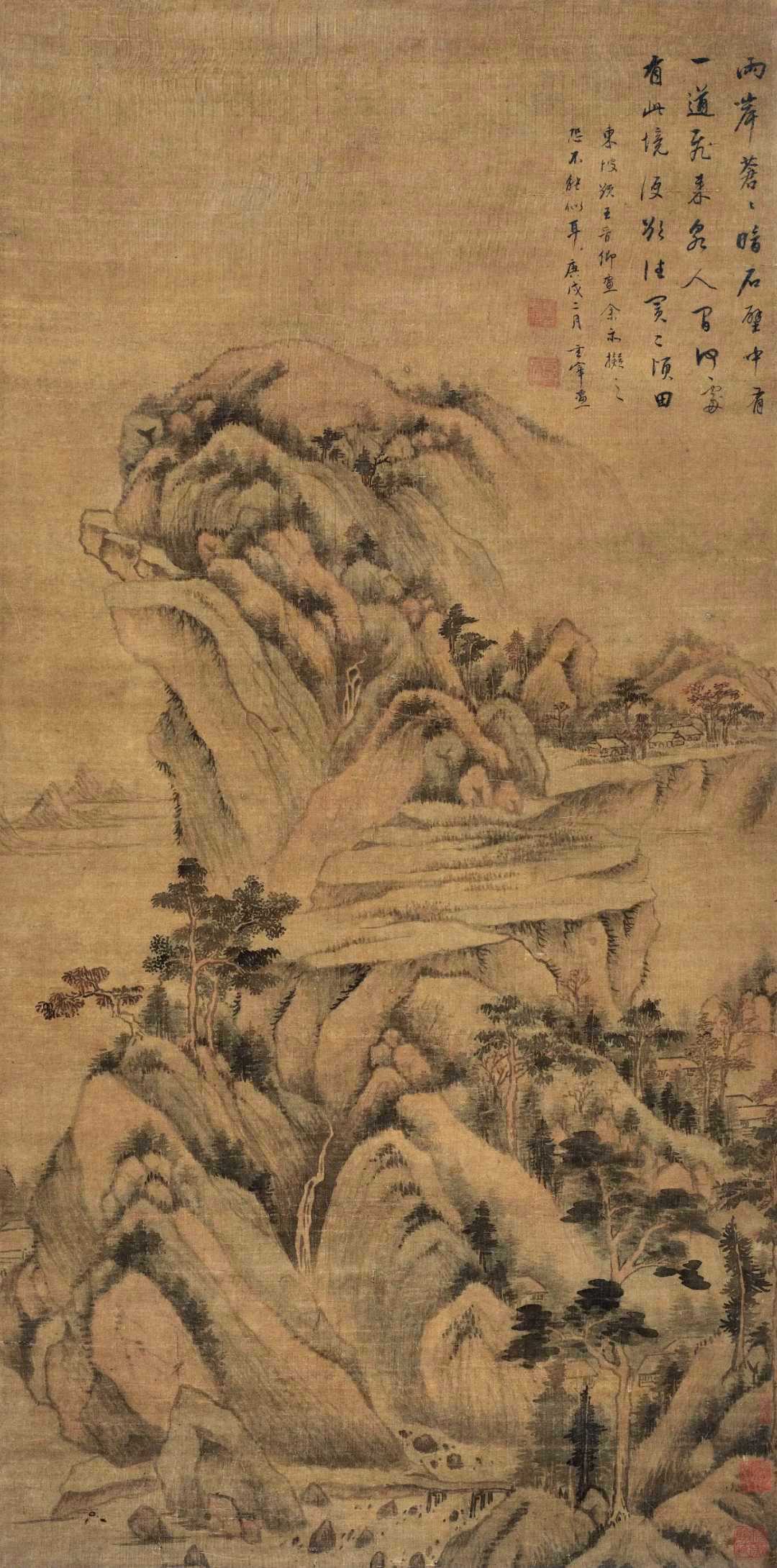 董其昌《浅绛拟王晋卿山水》，设色绢本90×45cm。董其昌（1555-1636