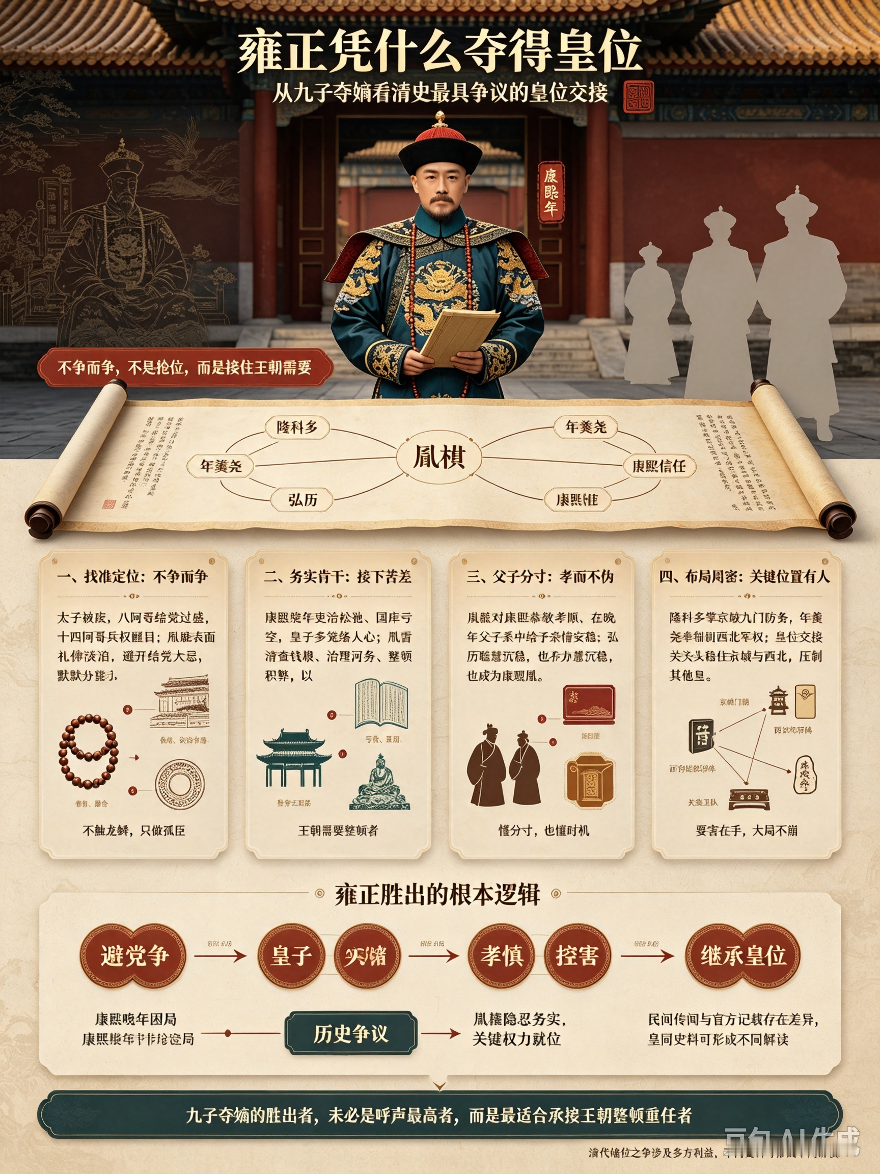 雍正凭什么夺得皇位?康熙晚年，九子夺嫡风波汹涌，诸皇子各树党羽、明争暗斗。在一众势力强大的皇子之中，