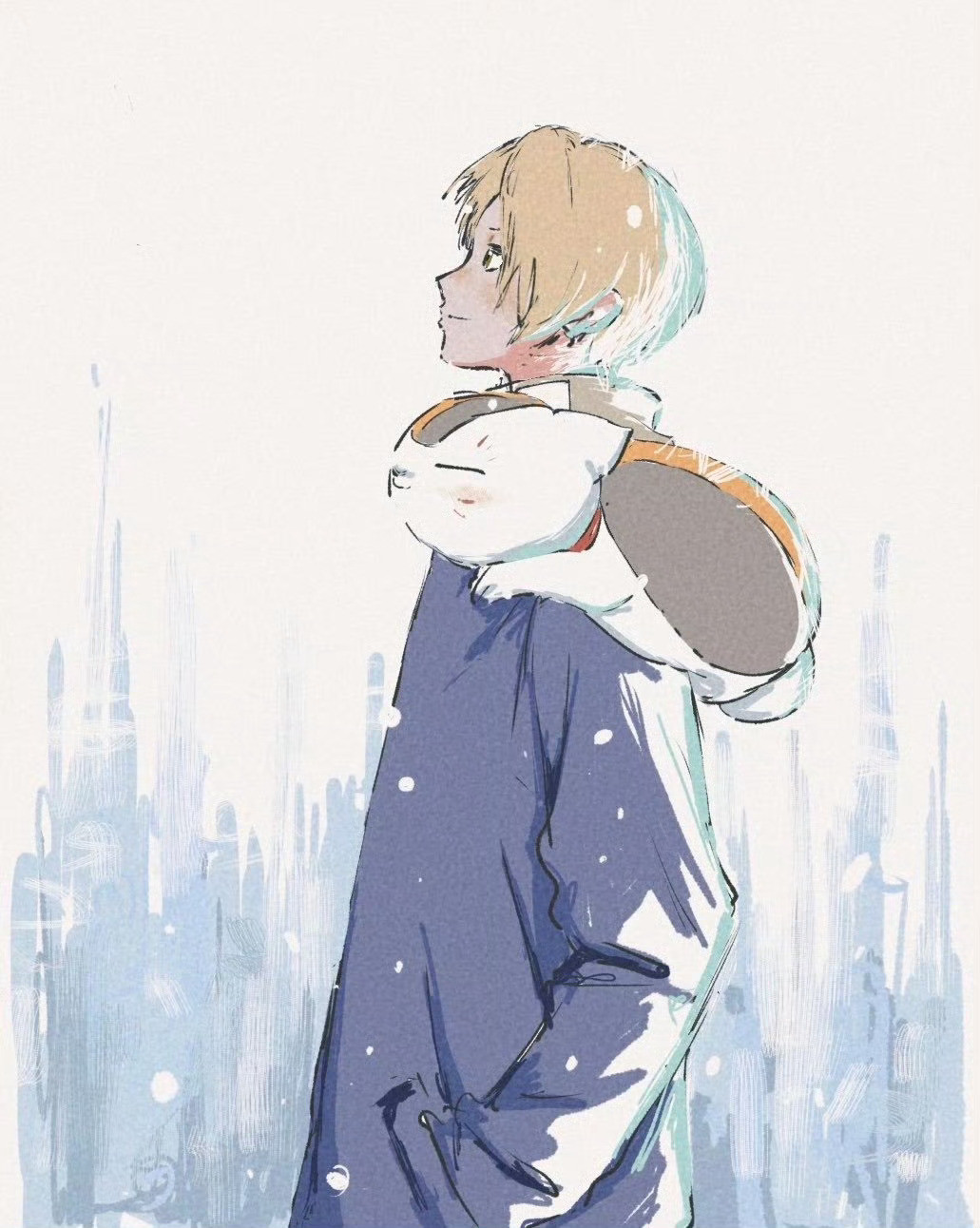 夏目友人帐动漫点评团陪着夏目看雪的猫咪老师.绘：abaraya_ok