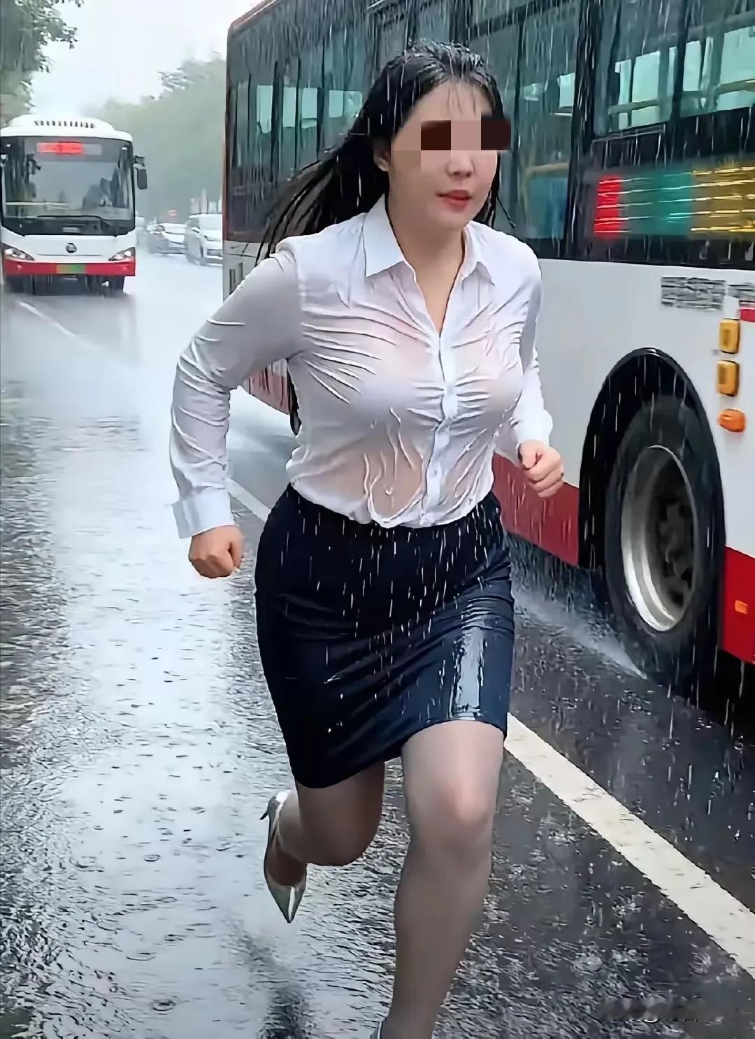这位美女，因为没有带伞，也没有人给送雨具，所以只能狂奔着，去追上公交车，好别让雨
