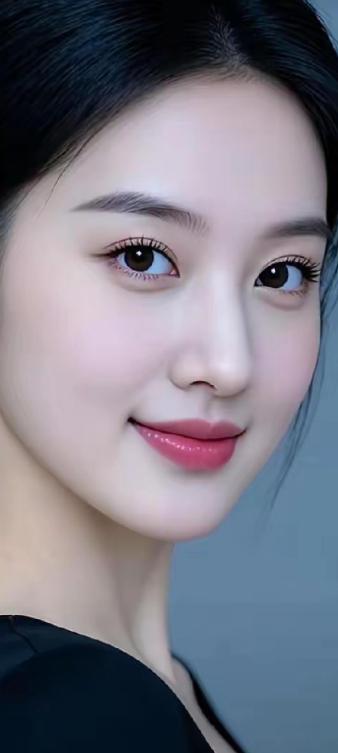 温柔甜美的微笑，黑发红唇，优雅迷人。