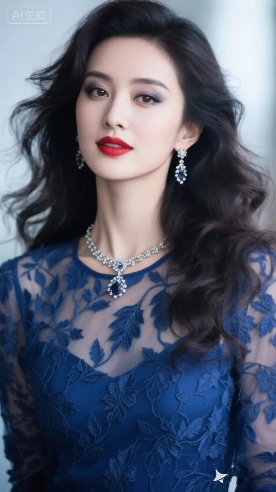 优雅蓝裙，闪耀珠宝，红唇诱惑，尽显女性魅力！💄✨👗