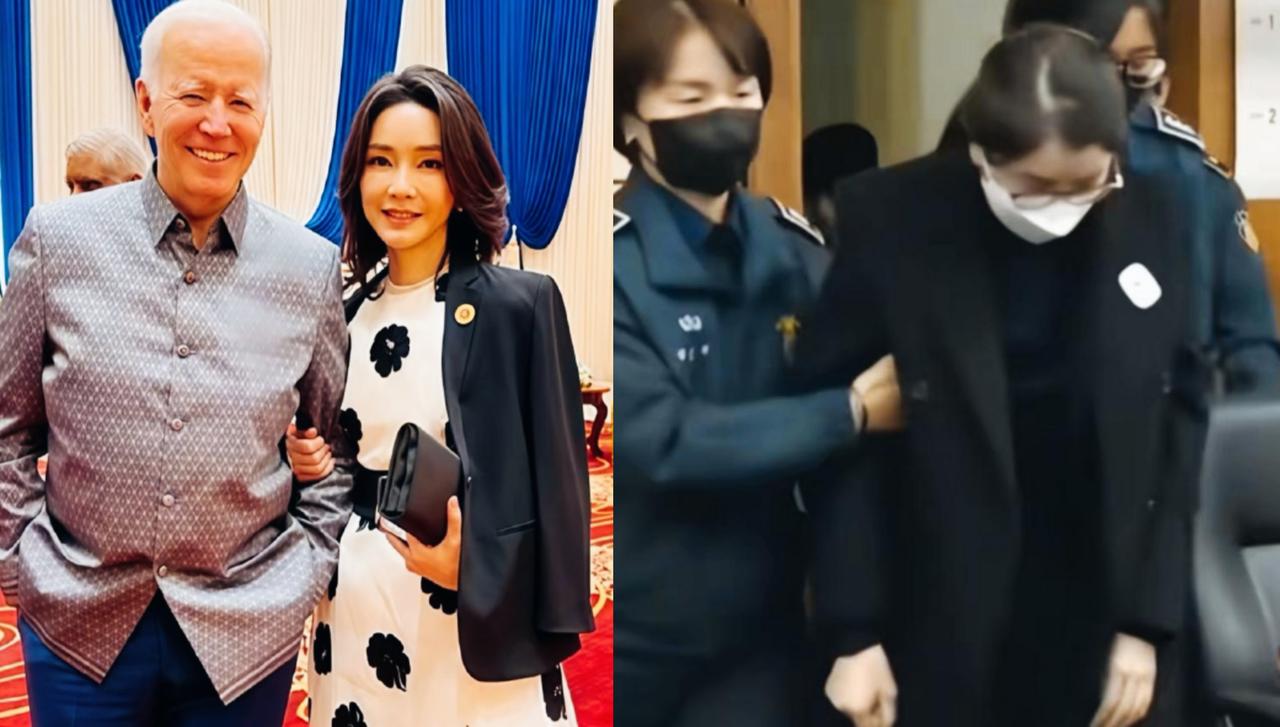 金建希同样是挽着胳膊，但已经物是人非了！这样的对比可以看出金建希这大起大落的人