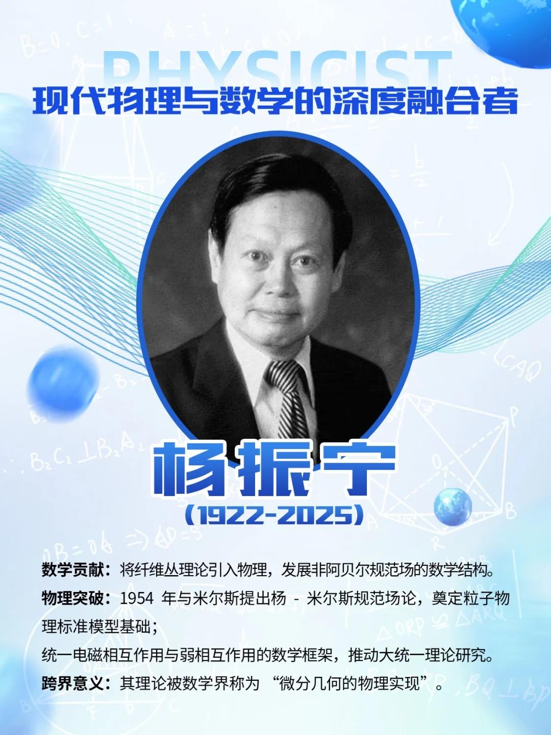数学最强的物理学家永垂不朽！杨振宁（1922-2025）​数学贡献：​开