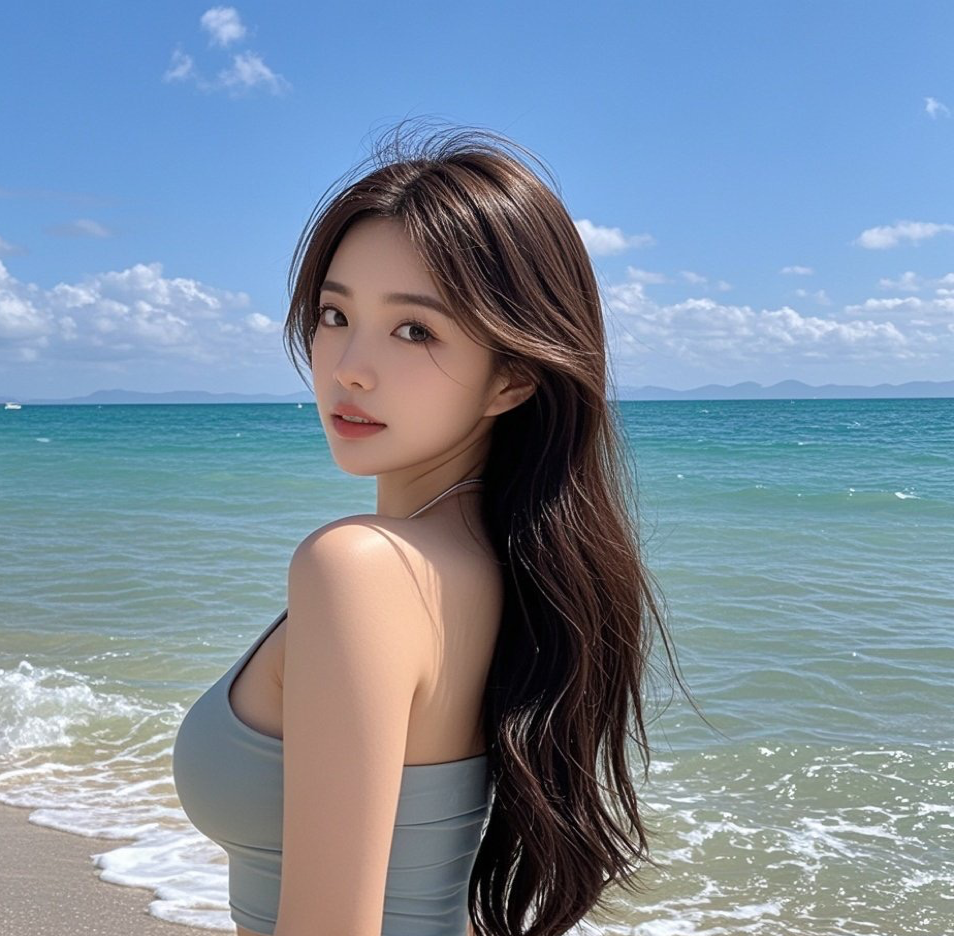 妩媚佳人踏浪而行，回眸一笑倾醉众生
