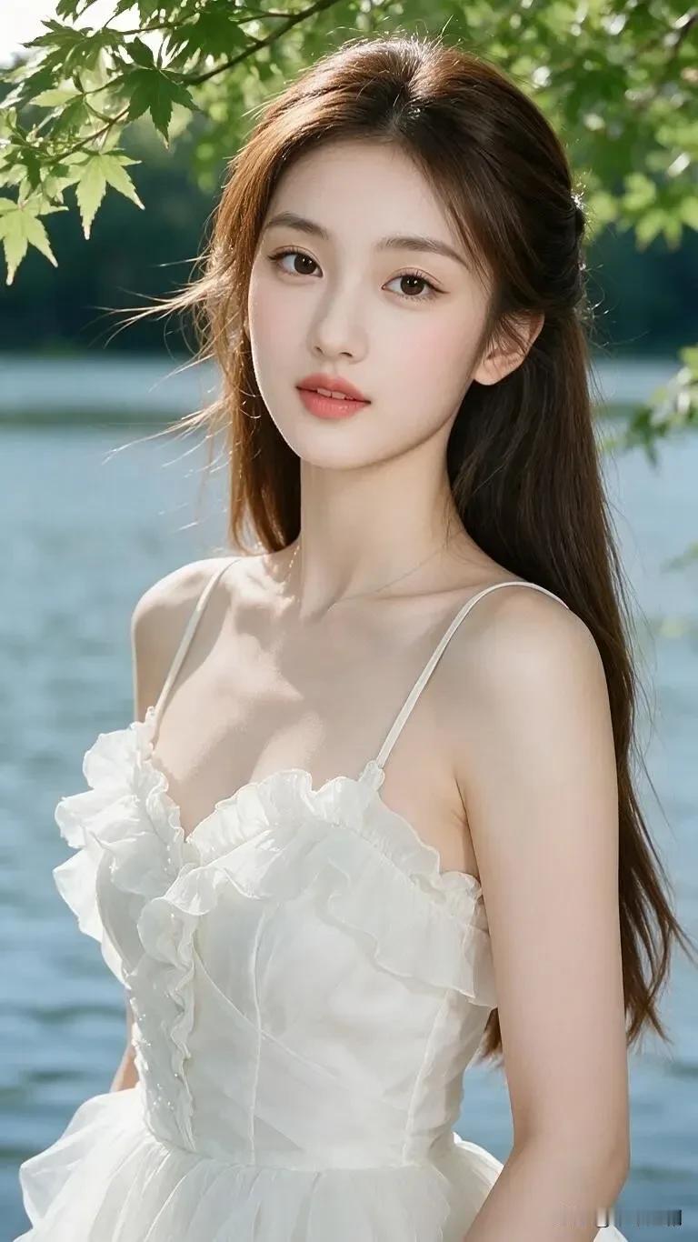 阳光浅浅洒落，一身素白，与湖光山色温柔相拥。国色天姿美女照温柔治愈款美女
