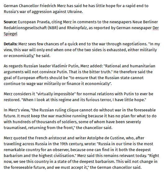 俄乌战争四周年【德国总理：通过谈判迅速结束战争的可能性几乎为零】德国总理弗里德里