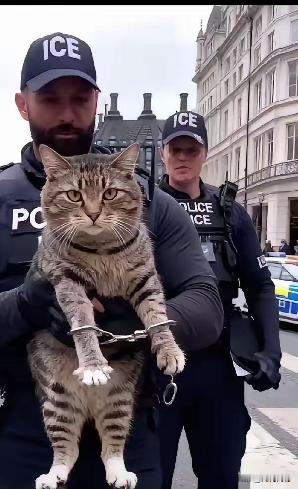 猫还可以戴手铐，这是第一次看到，难道它也犯了法不成？外国警察管的也够宽的了，既要