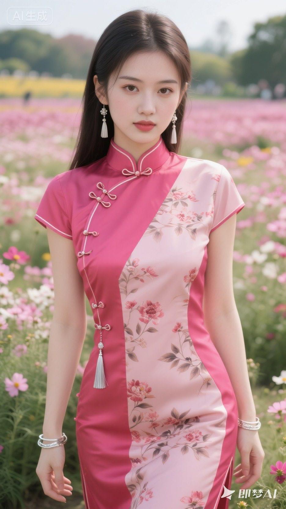 粉嫩旗袍花海中，优雅少女如画卷。