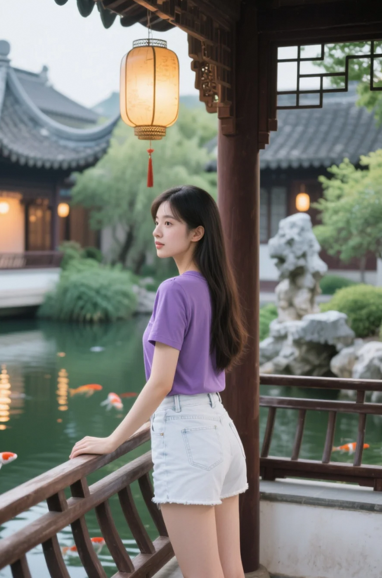 手扶木栏，眸落锦鲤，一池春水因她泛起涟漪