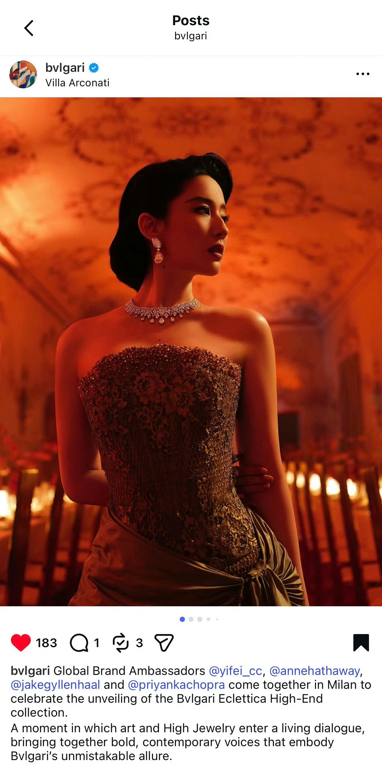 宝格丽IG/TikTok全都首认领（首图+首艾特），太美了，刘亦菲待遇很