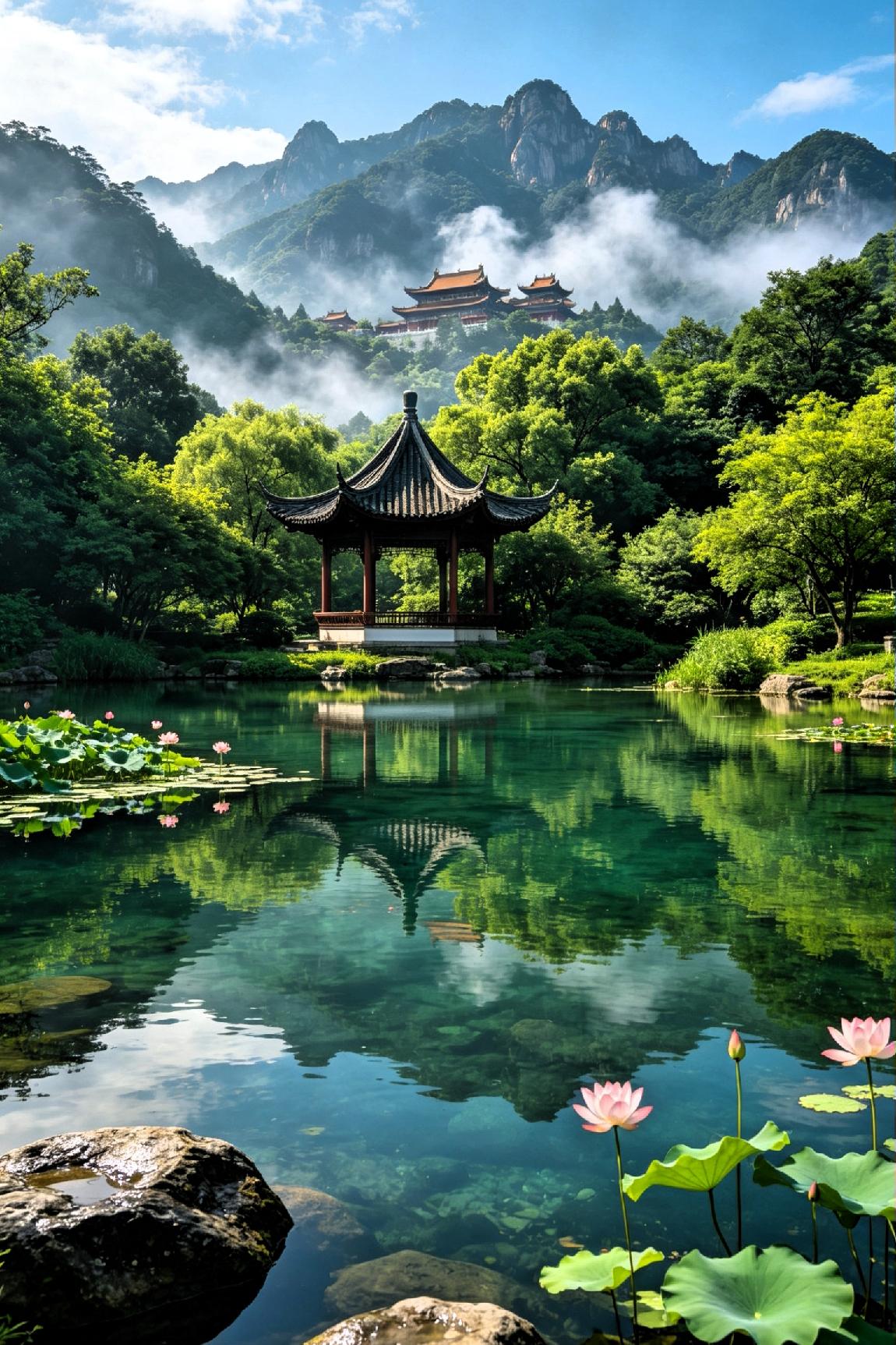 《山湖禅晓》远山叠翠隐禅台，晓雾萦楼缓缓开。浅碧长空浮素絮