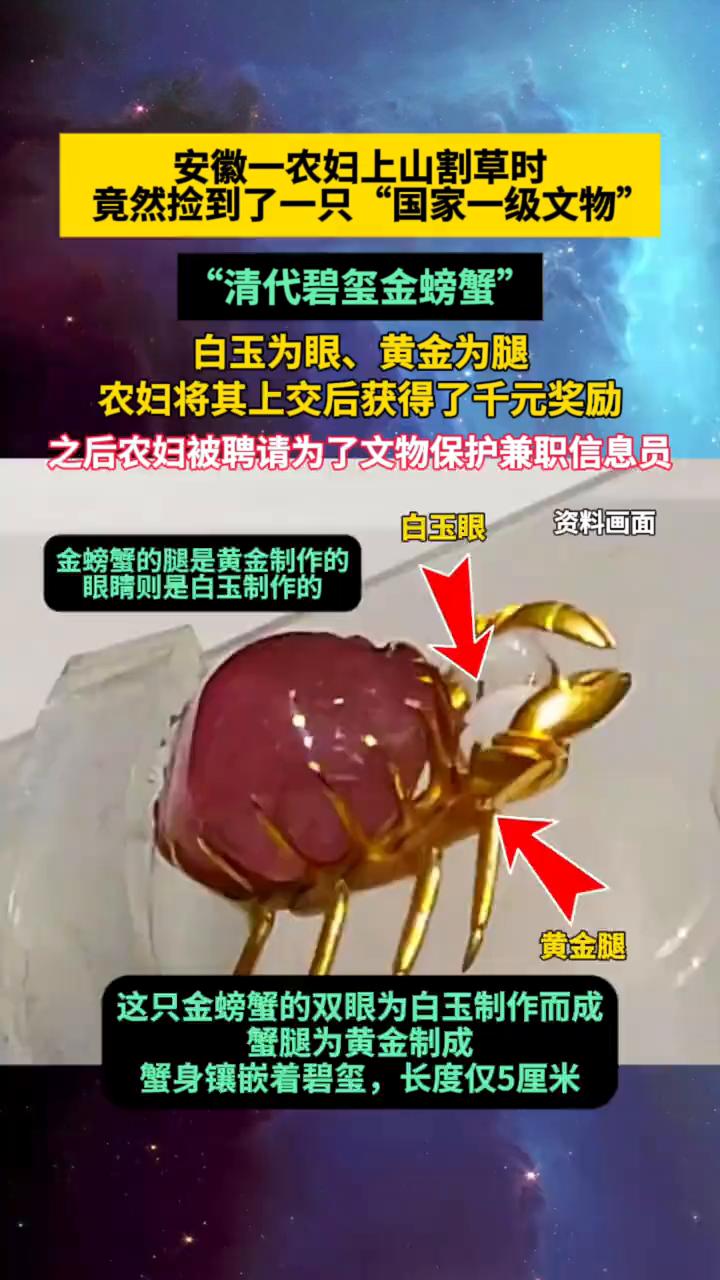 安徽一农妇上山割草时竟然捡到了一只"国家一级文物"，"清代碧玺金螃蟹"。白玉为眼