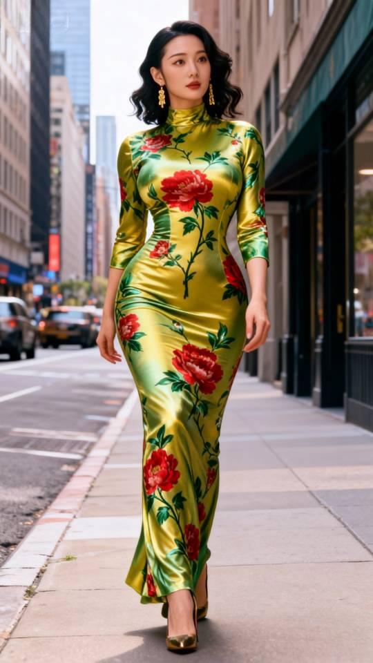 旗袍裙美女走在国外的街道上。旗袍美女壁纸