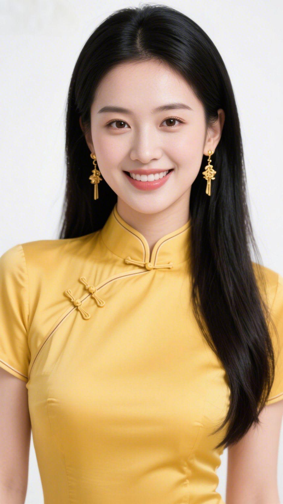 明黄襟间的温雅素净背景里，她身上的明黄旗袍浸着暖阳的柔，盘扣轻垂的弧度，和