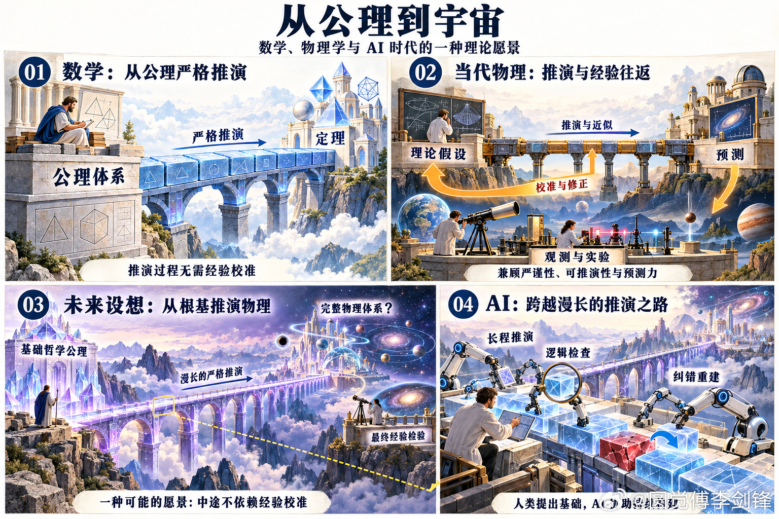 数学是这样的：从一套公理体系出发，经过严密的逻辑推理就能得到所有的结果，中间无需再临时引入新假设与补