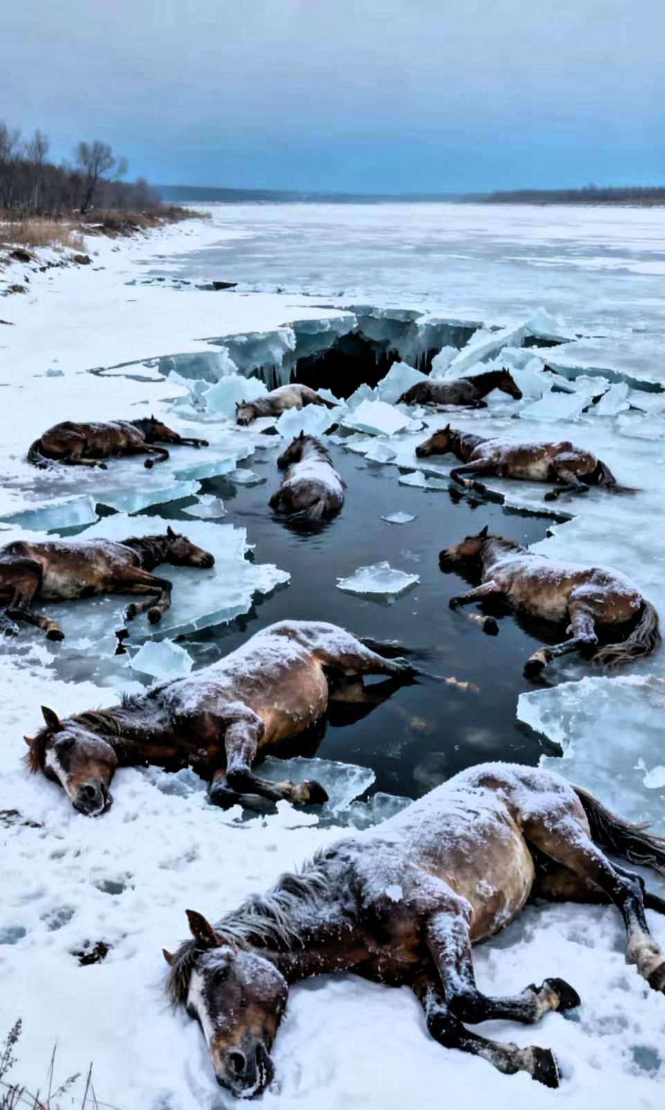极寒裹住黑龙江东风水库的冰面，13匹马凑在上面饮水时，脆裂声突然划破寂静——冰层