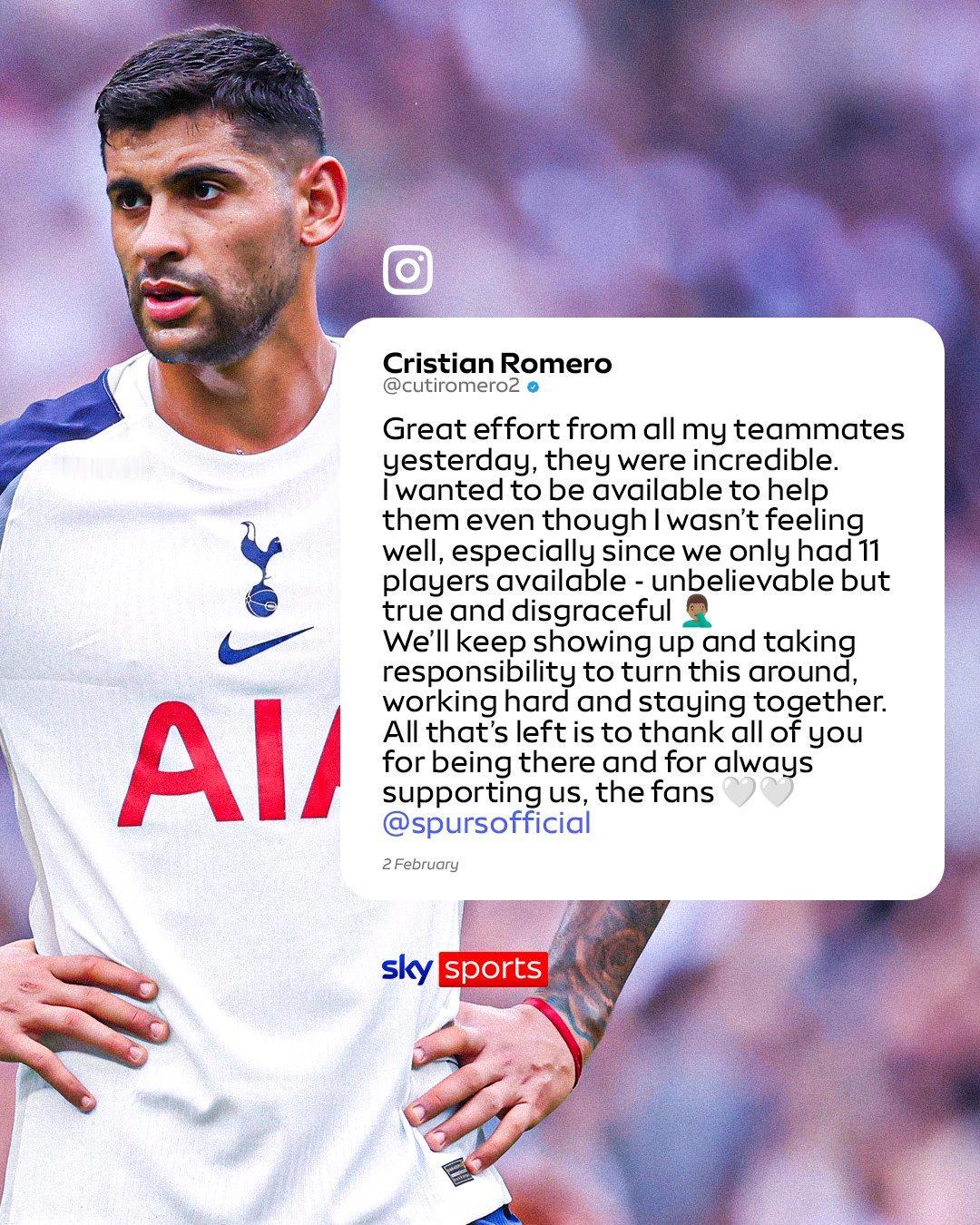 【罗梅罗怒斥热刺高层不作为】在一月转会窗口关闭数分钟后，热刺中卫罗梅罗就在Ins