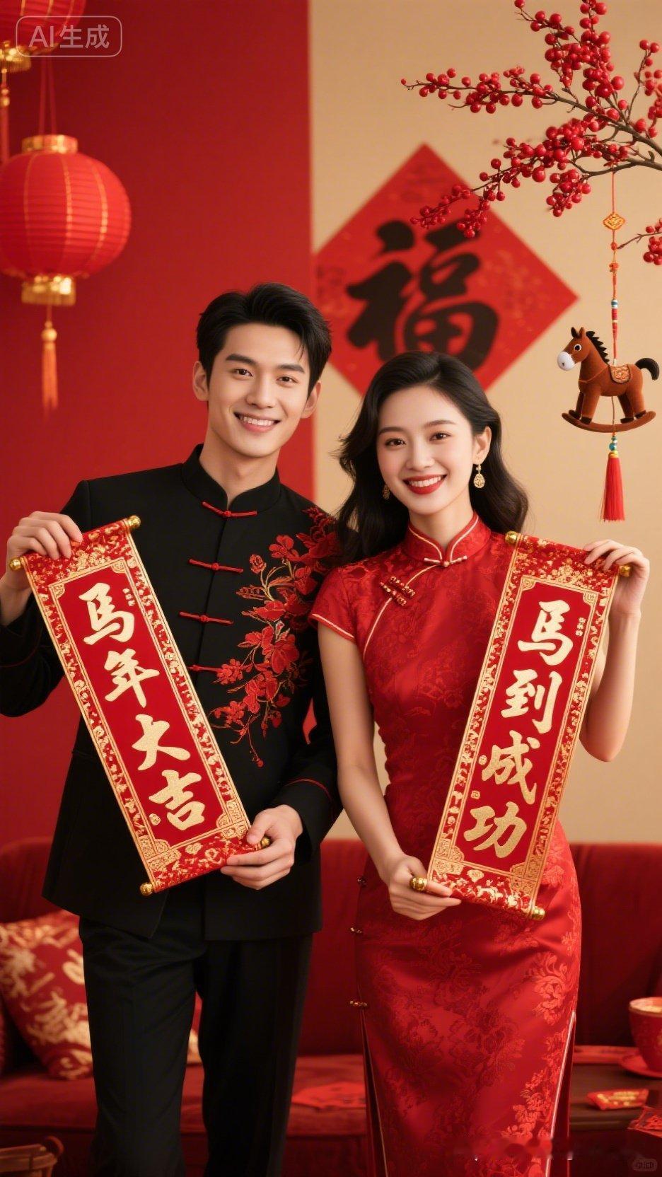 这对情侣穿着传统服装，拿着对联，笑容灿烂。