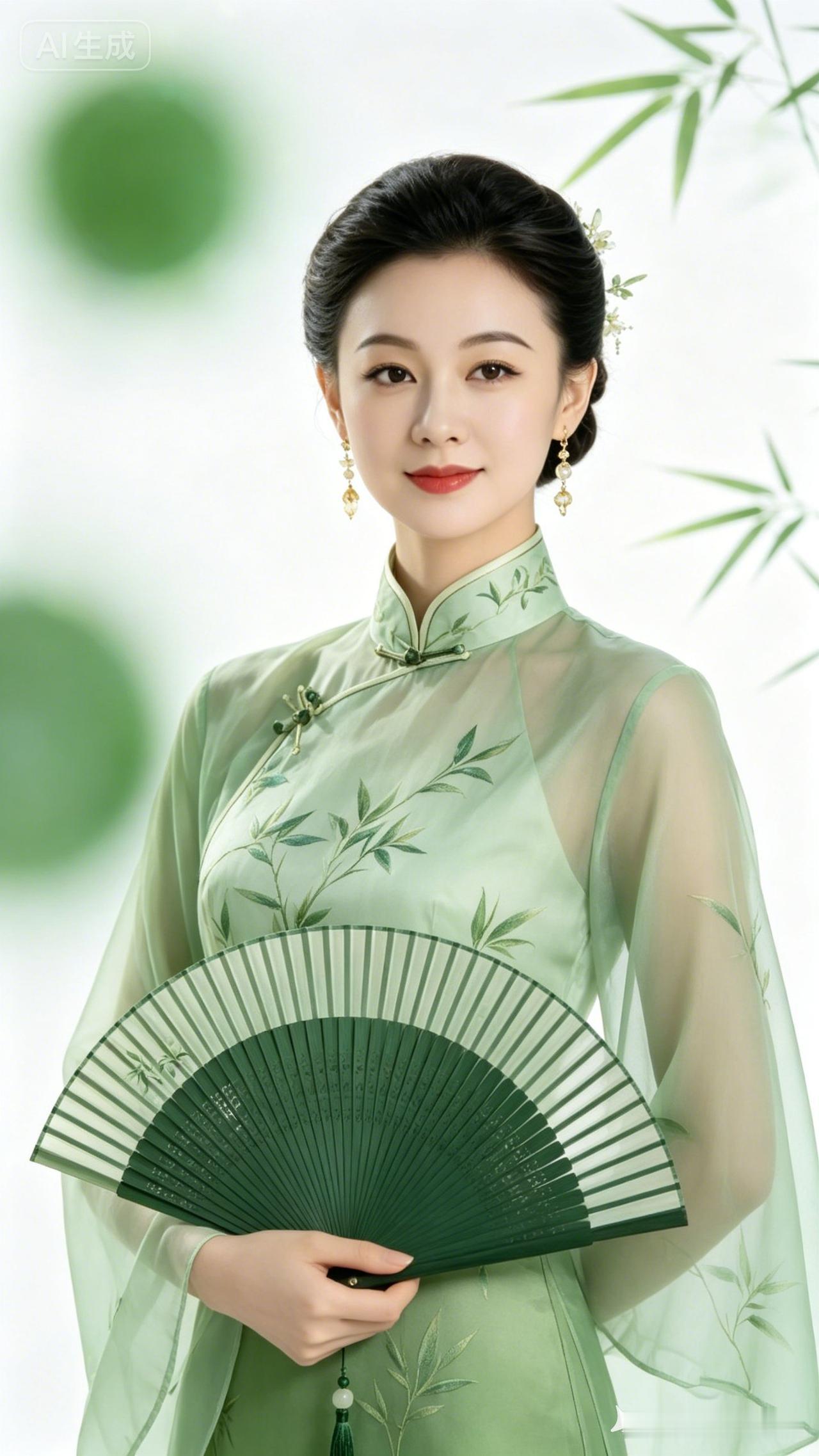 一位女士手持扇子，穿着旗袍。