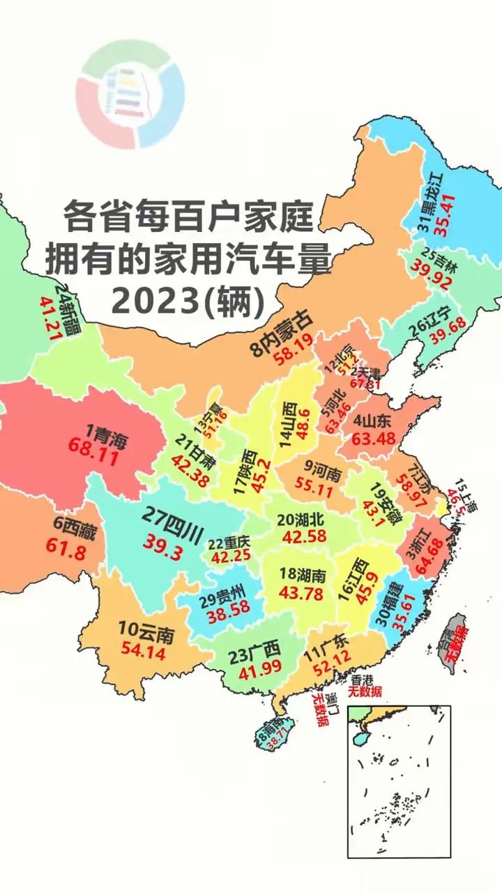截止至2023年，各省市自治区每百户家庭拥有的家用汽车数量地图。青海、西藏、内蒙