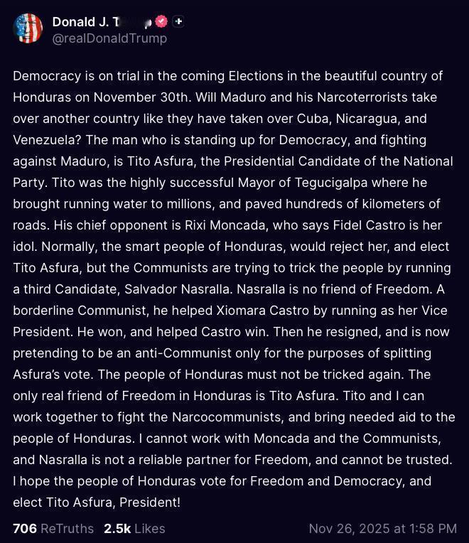 特朗普干涉洪都拉斯选举并发文支持并呼吁洪都拉斯人在11月30日的大选中投票支持极