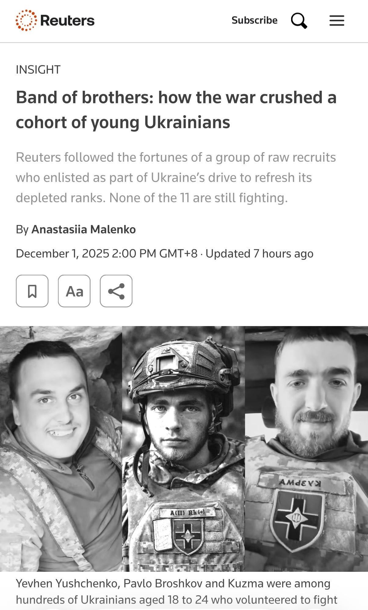 🔻一篇关于乌克兰18至24岁青年群体的沉重报道，他们今年春天响应征兵号