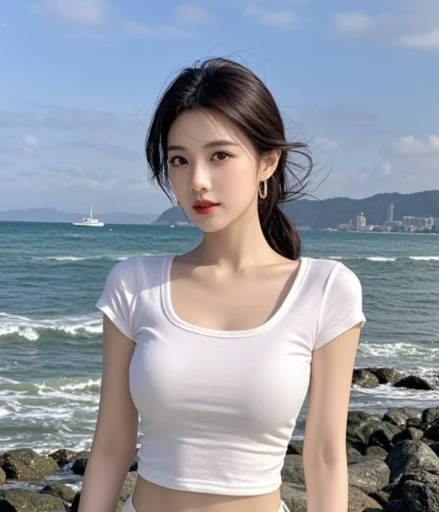 海风吹起她的长发，美得像一首未完的诗。