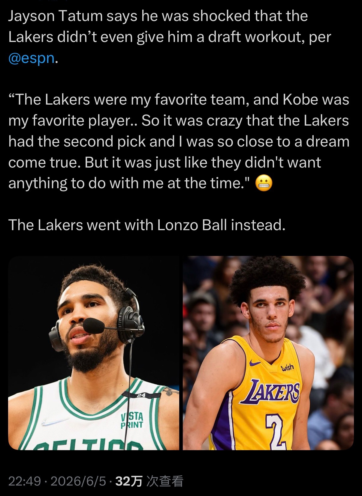 ESPN：塔图姆坦言，对当年湖人连一次选秀前的试训机会都没给自己感到十分震惊。“