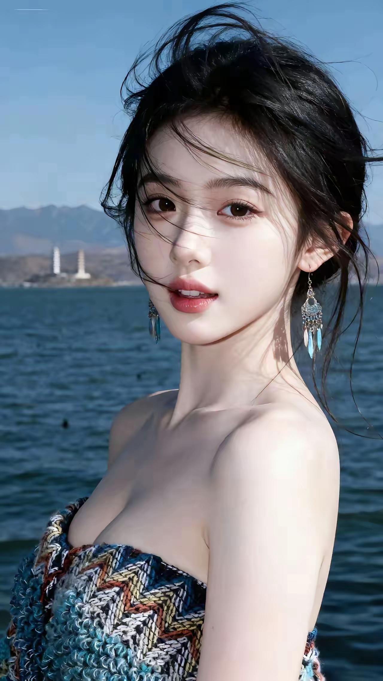 海边少女，微风轻拂，蓝白相间的裙摆随风飘扬，宛如梦幻中的仙子。