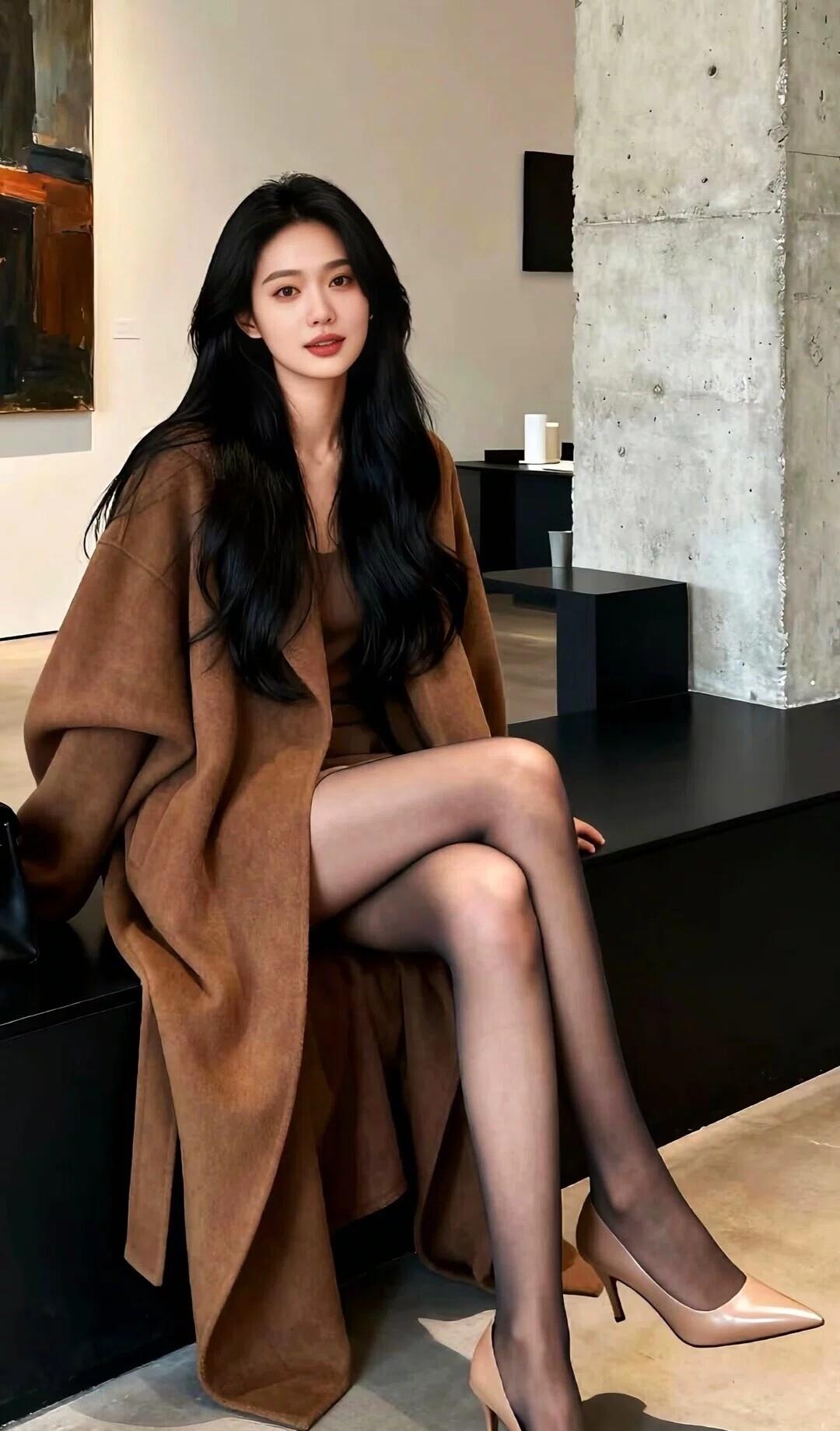 优雅黑发女郎，时尚棕色外套，艺术画廊中的静谧之美。