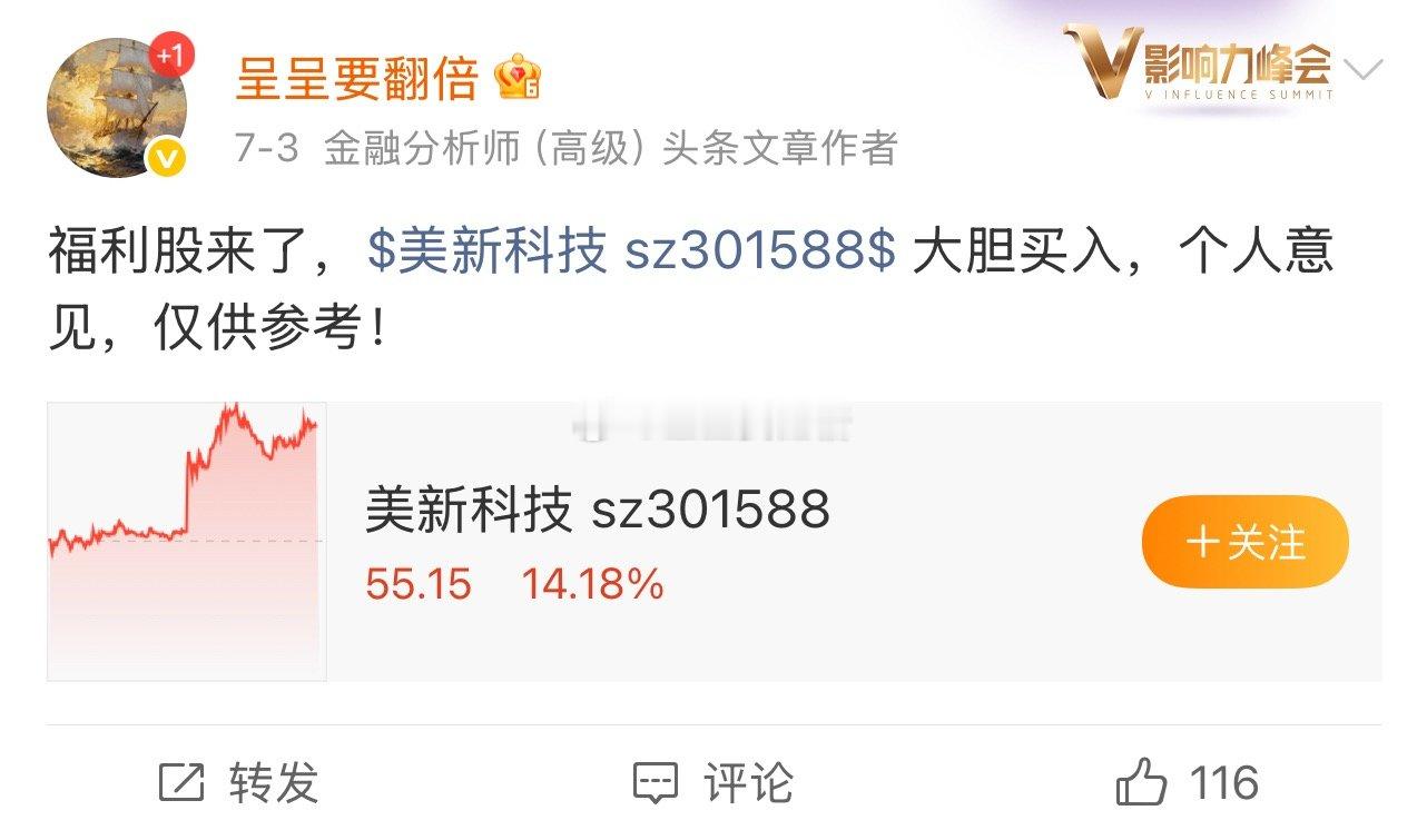 漂亮，$美新科技sz301588$这个新高了！！！