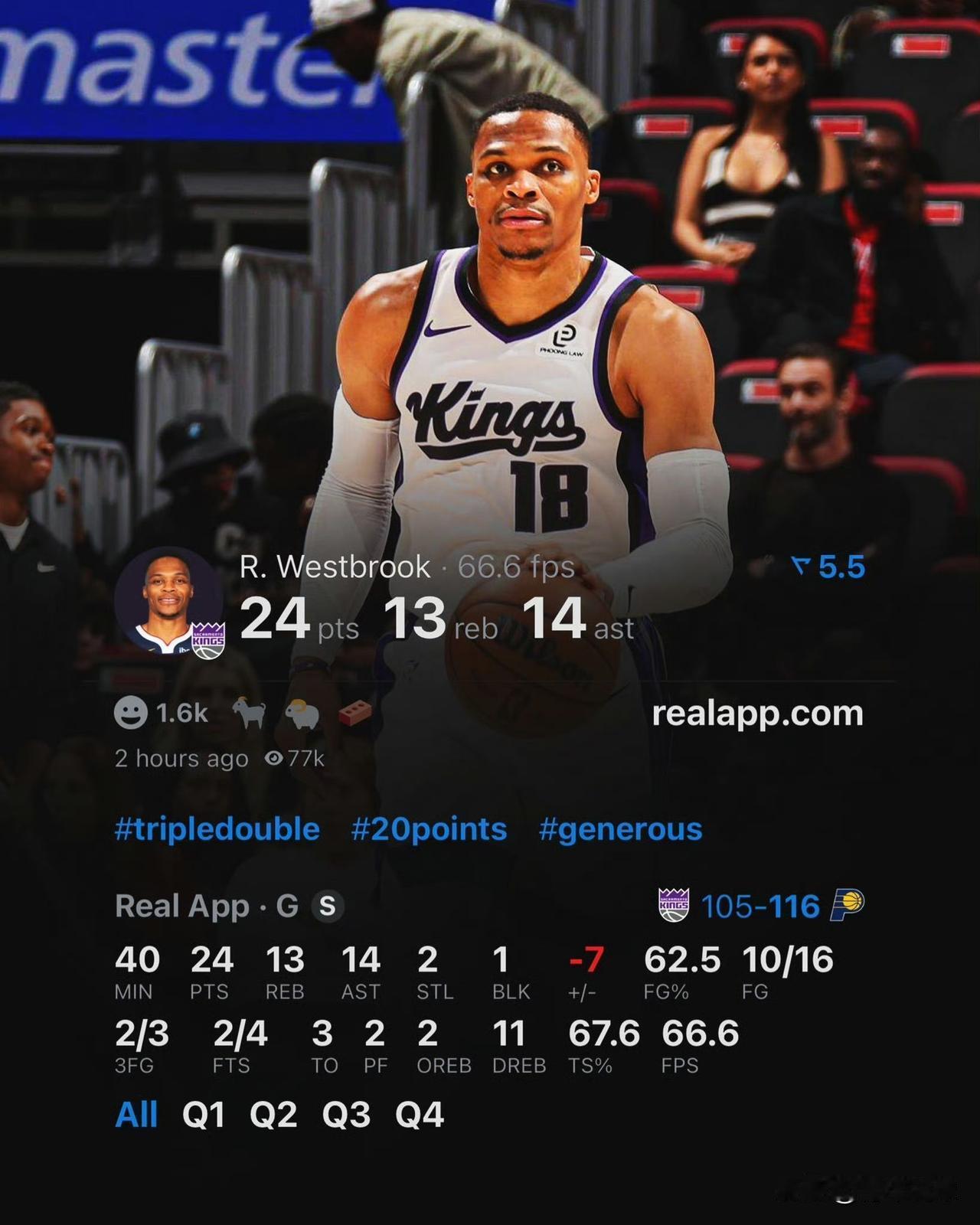 威少选择在国王队退役吧！今天，国王队以105-116不敌步行者队。虽然输球，