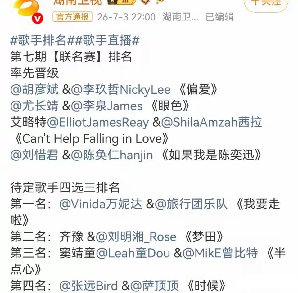 《歌手》排名，齐豫选的歌很感人看了本周五的《歌手》，胡彦斌和李玖哲合作了《偏爱》