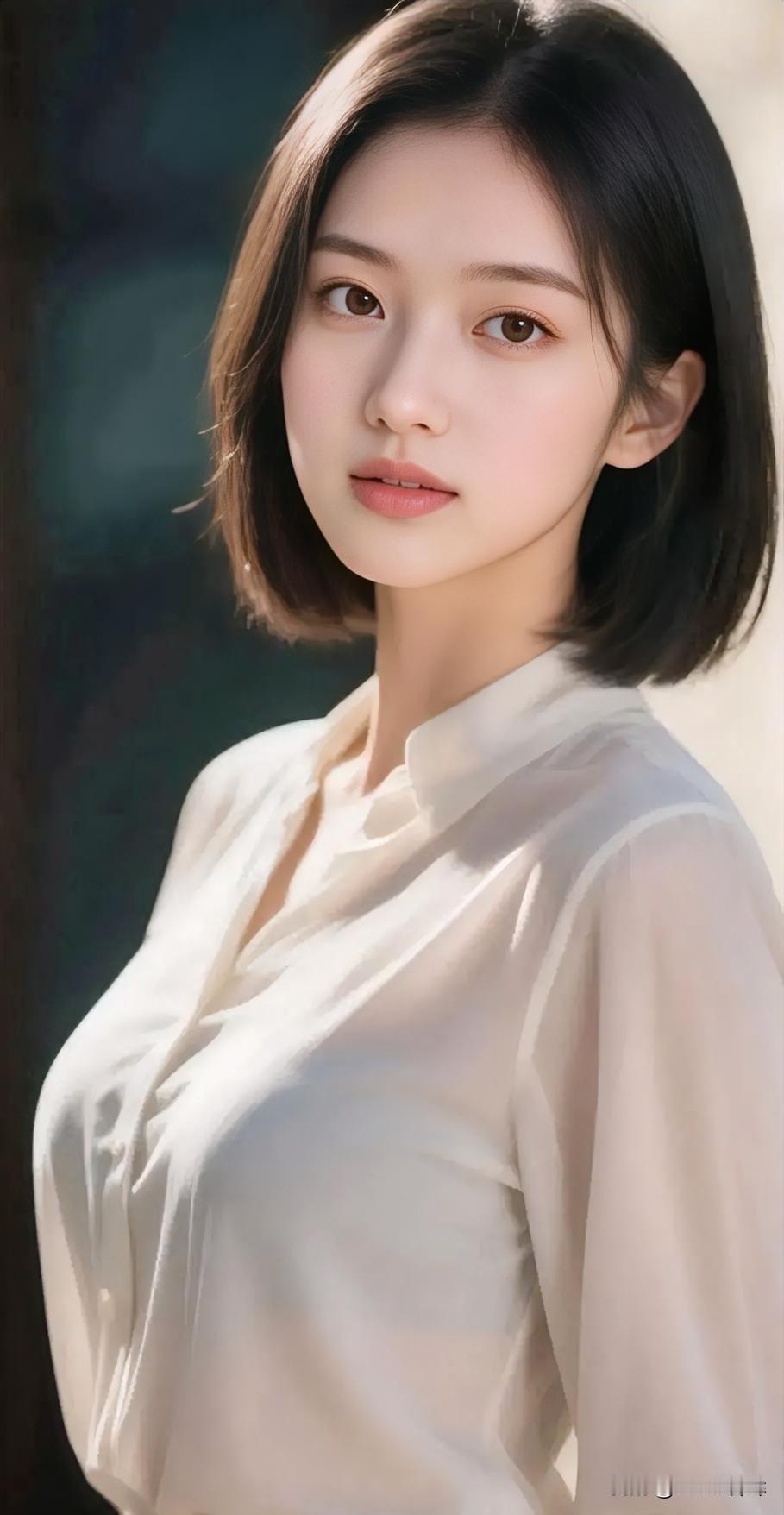 白衬衫似月光裁就，短发拢住一襟温柔。眸光盛着晨露的清透，唇角漾开春樱