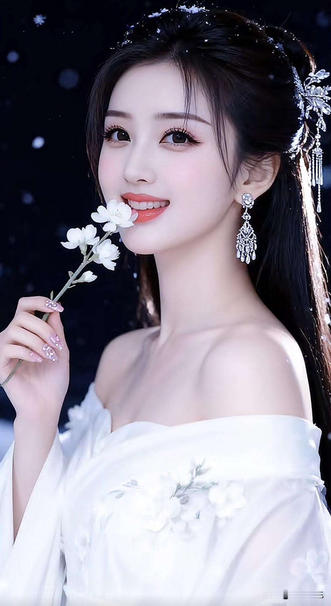 仙气飘飘的少女，手持花枝，唯美动人。自然清雅美女古典温婉美女温柔白衣少女古