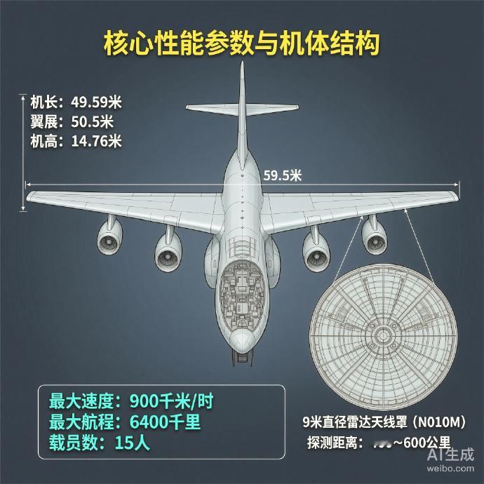 军事ai新视野A-50“支柱”预警机［苏］机长：49.59米翼展：50.5米机