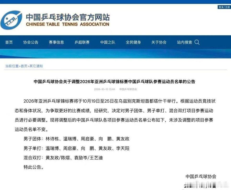 这个调整是不是有点大，王楚钦孙颖莎是不是都是受到伤病困扰，休息中？中国乒协：取消林诗栋2026亚锦赛