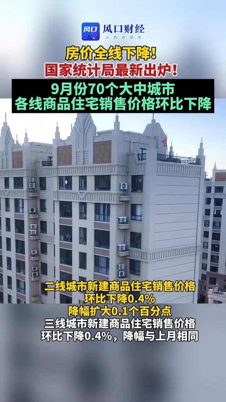 房价全线下降！国家统计局最新出炉！9月份70个大中城市各线商品住宅销售价格环比下