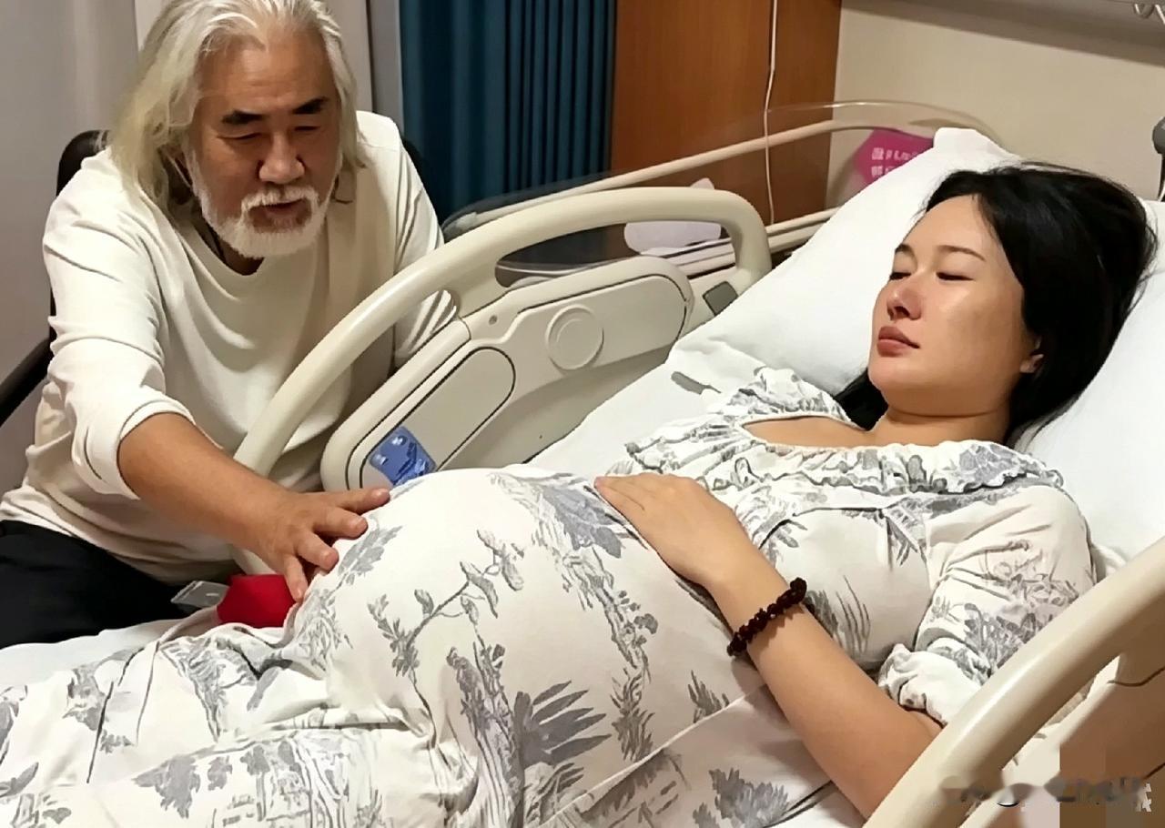 医院的产房里，张纪中老爷子抚摸着老婆杜星霖的大肚子，手掌贴着她圆鼓鼓的肚皮，来回