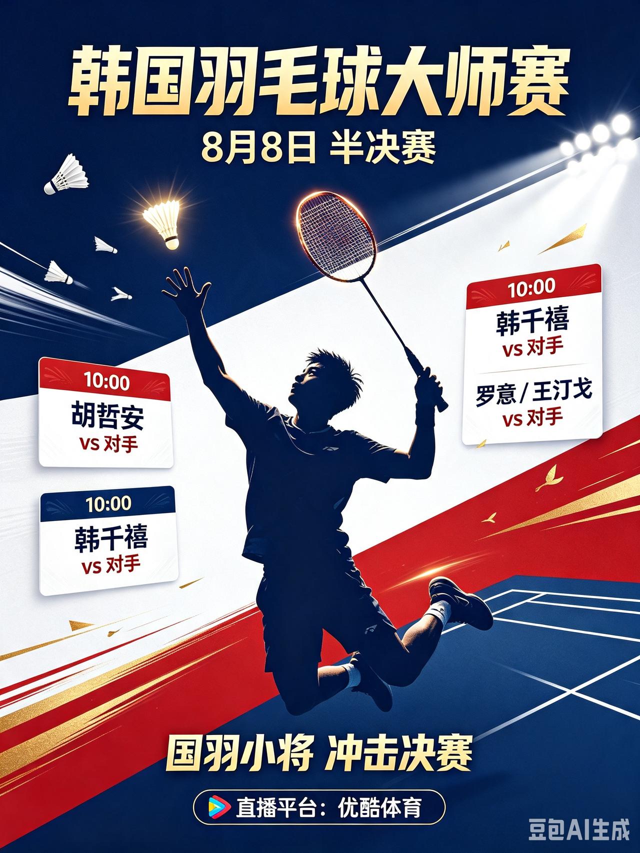 半决赛开战！韩国大师赛国羽小将冲击决赛！8月8日上午10点，韩国羽毛球大