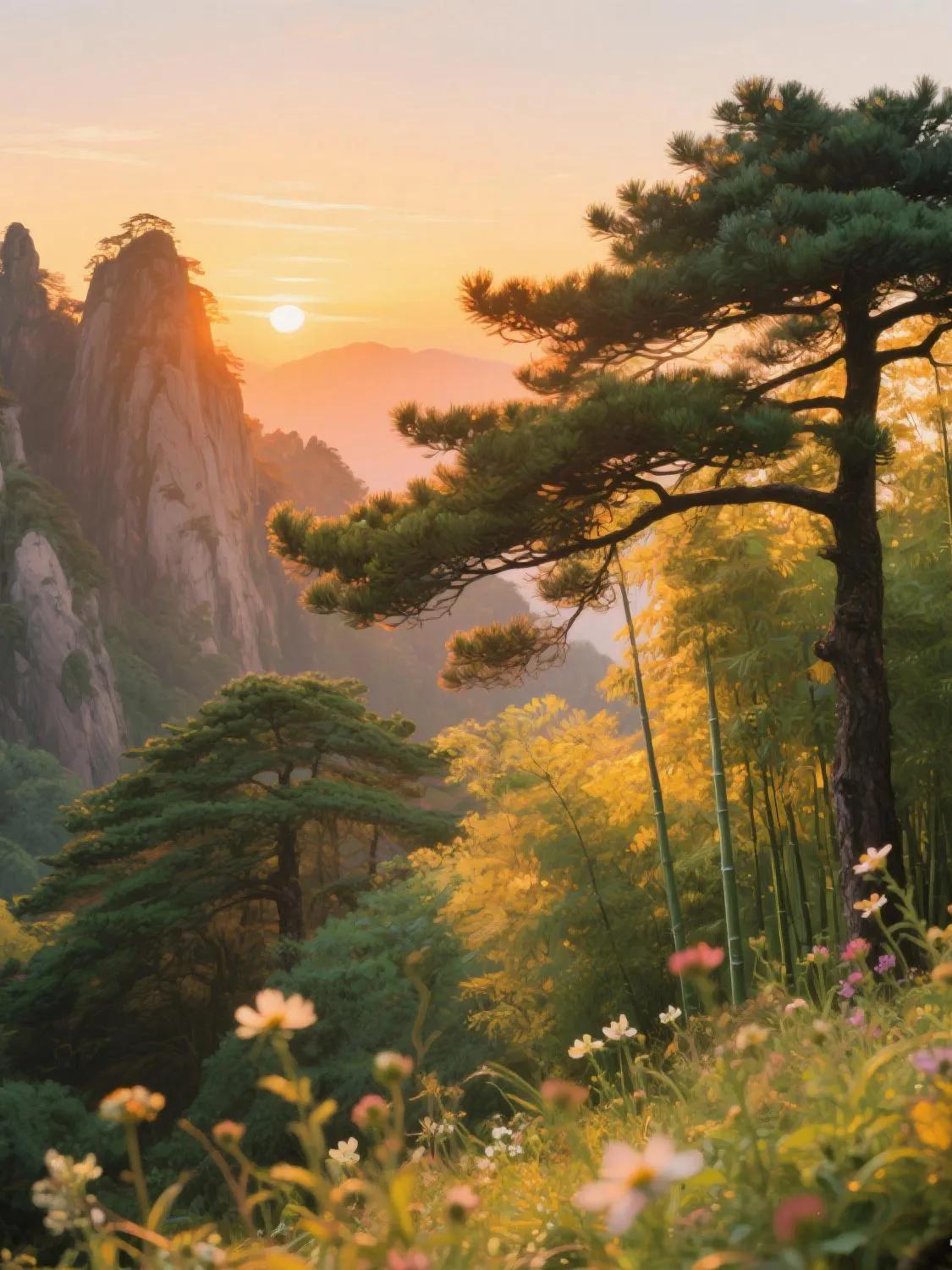  黄山的夕阳将苍翠的植被浸染成暖色调，松树苍翠依旧，翠竹泛着金光，不知名的野花在