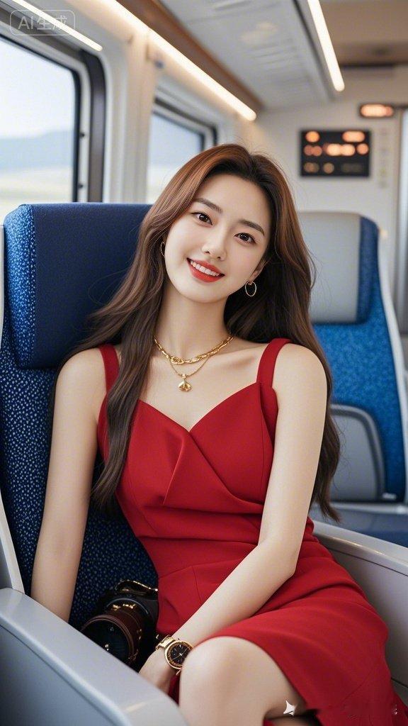 一位美女坐在高铁上微笑。