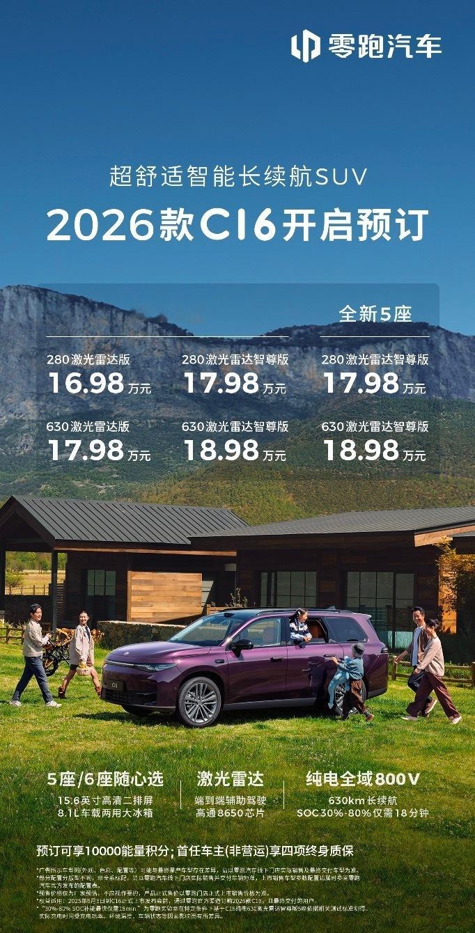 刚跟在学校工作的朋友下定了2026款零跑C16。一句话：20万以内买六座