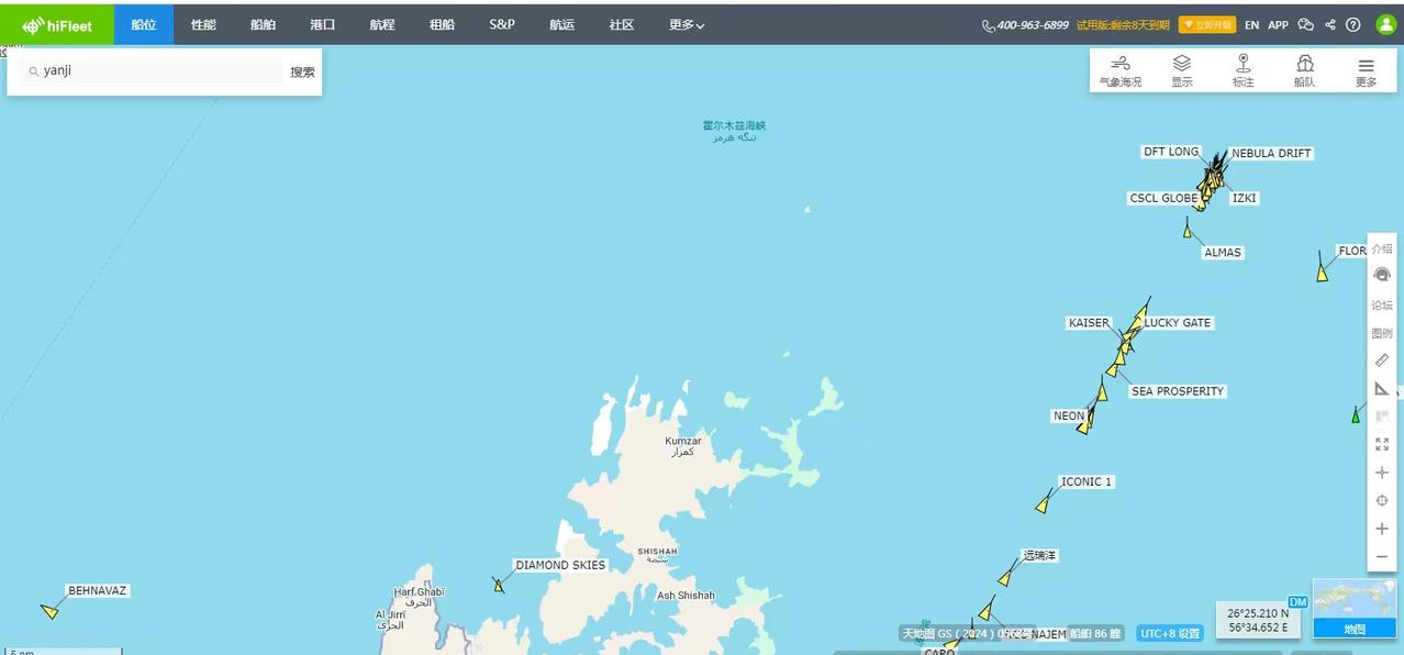 图中霍尔木兹海峡右侧一长串轮船，今天看不到了。是真的掉头去红海沙特延布港，装载石