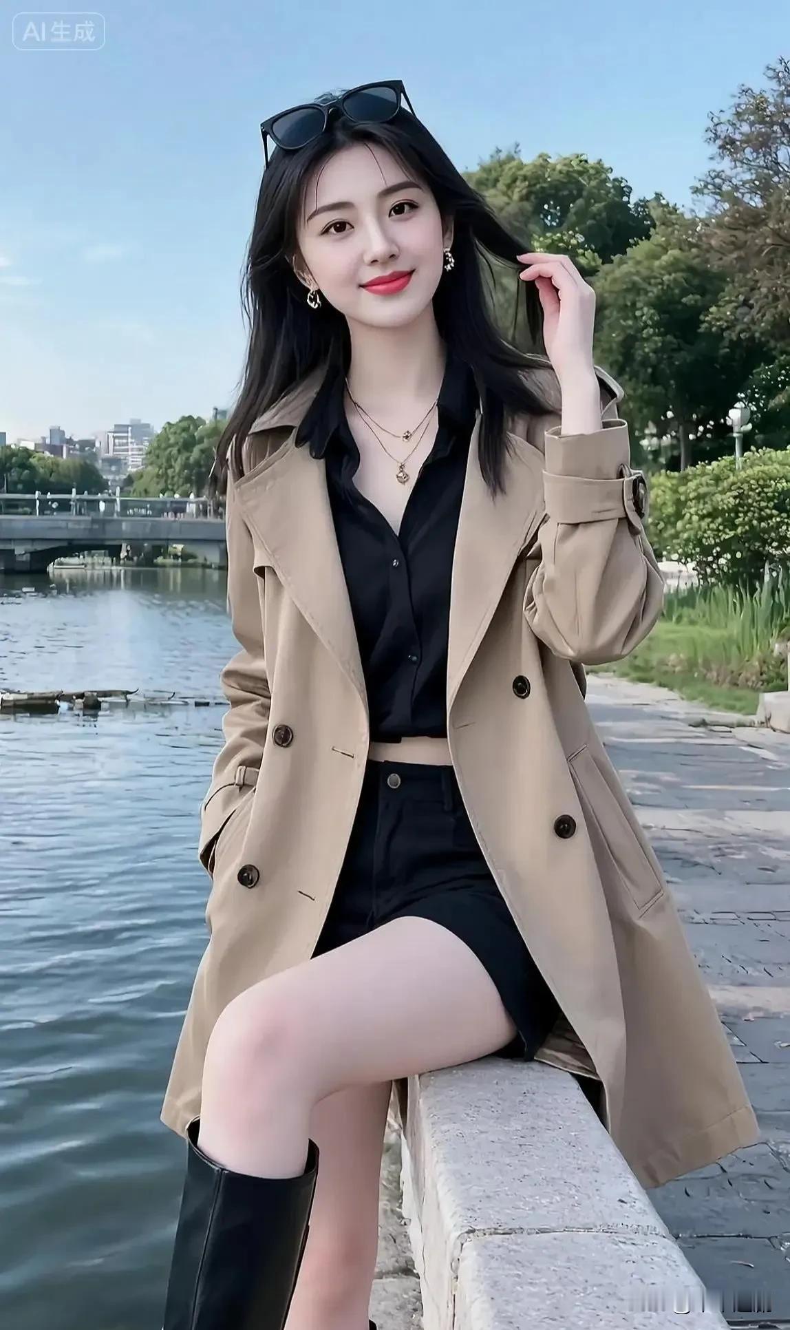 -坐在水边，看云卷云舒，享受独属于我的慢时光。仰头舒展之美女气质裙子女人